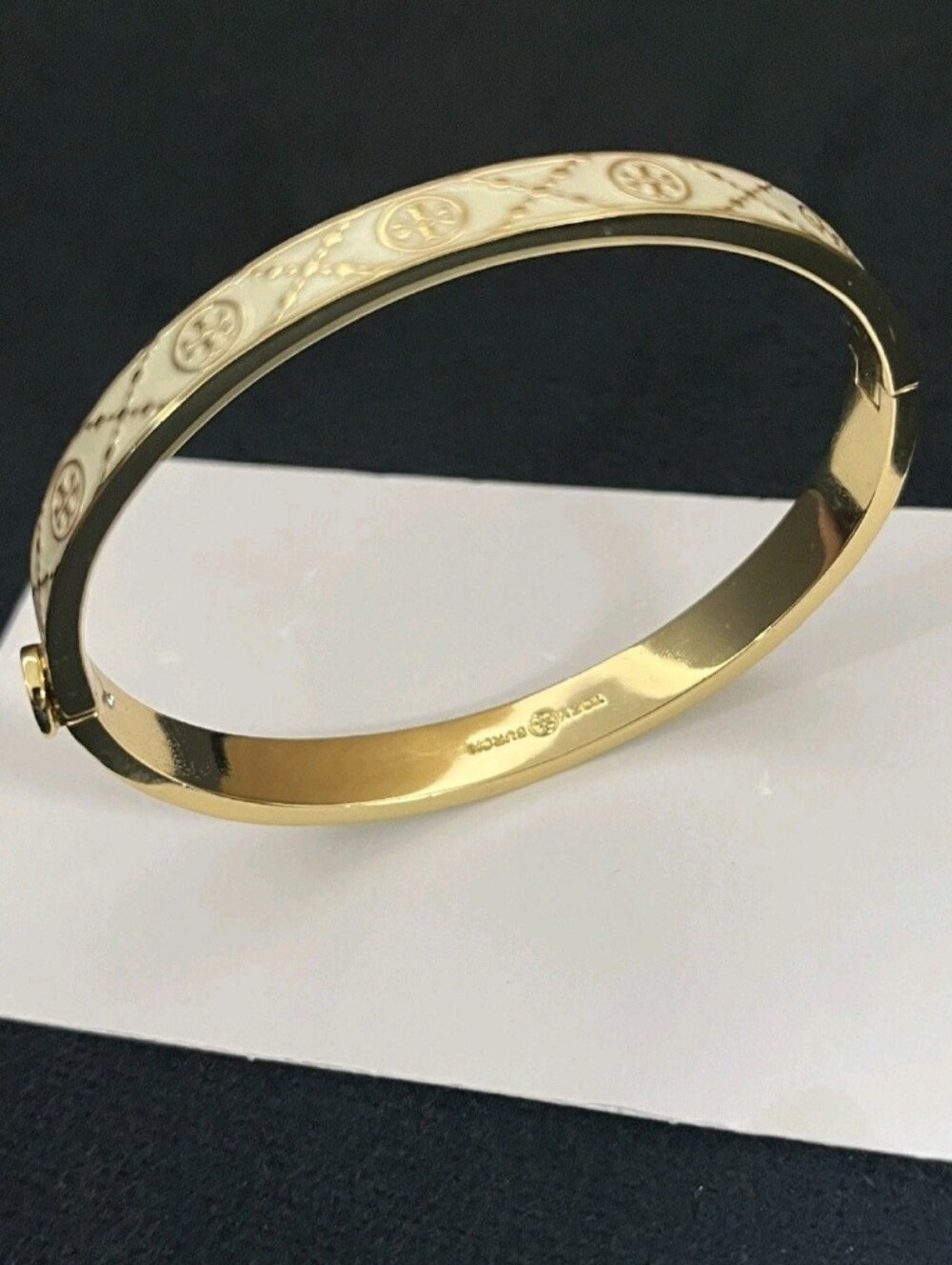 Tory Burch Gold and Cream Enamel Logo Hinged Bangle Bracelet